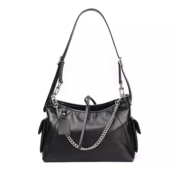 Women's Black Genuine Leather Minimalist Magnetic Tote Bag