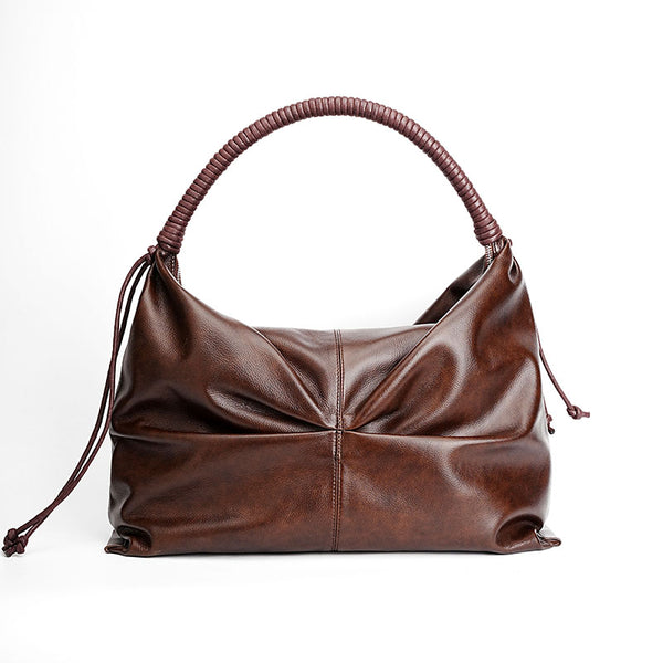 Elegant brown leather strap woven handle women's multifunctional handbag